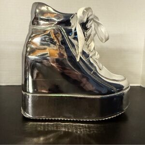 Silver Metallic Shiny Mirror Platform Wedge Sneaker Heels Lace Up Rave